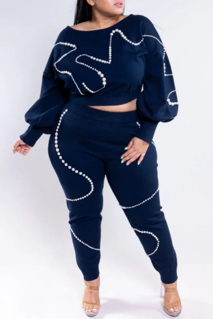 Casual Print Basic O Neck Plus Size Two Pieces