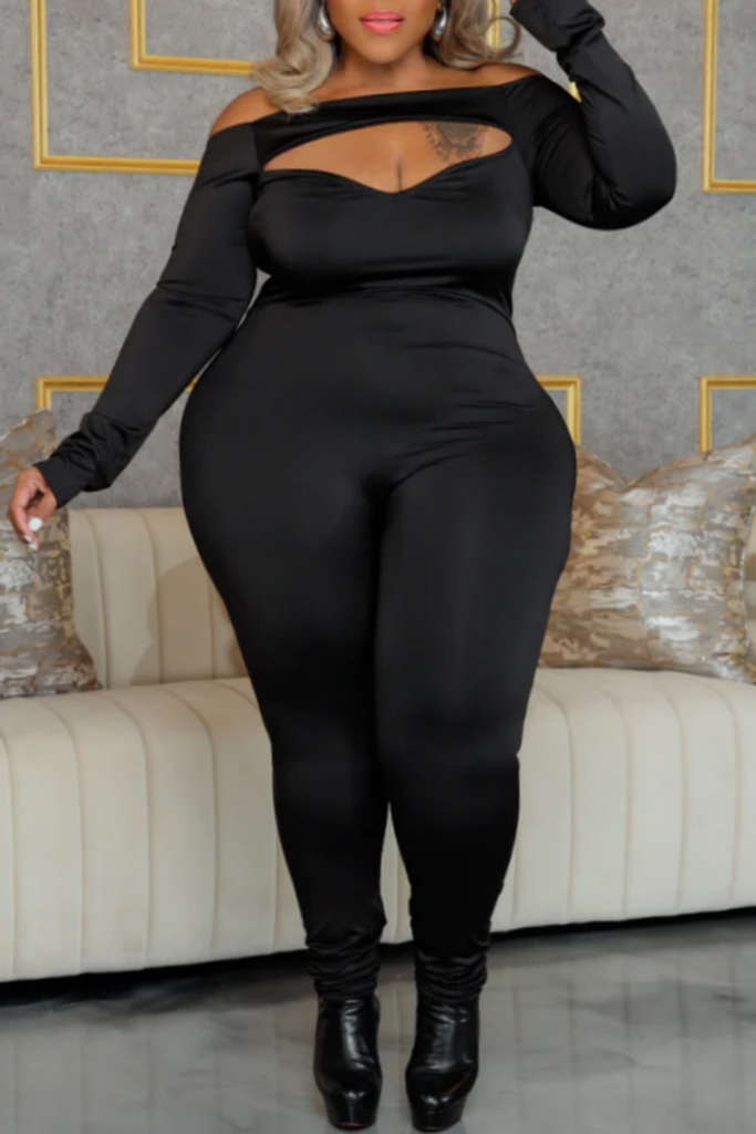 Sexy Casual Hot Solid Color Hollow Out Off Shoulder Plus Size Jumpsuits