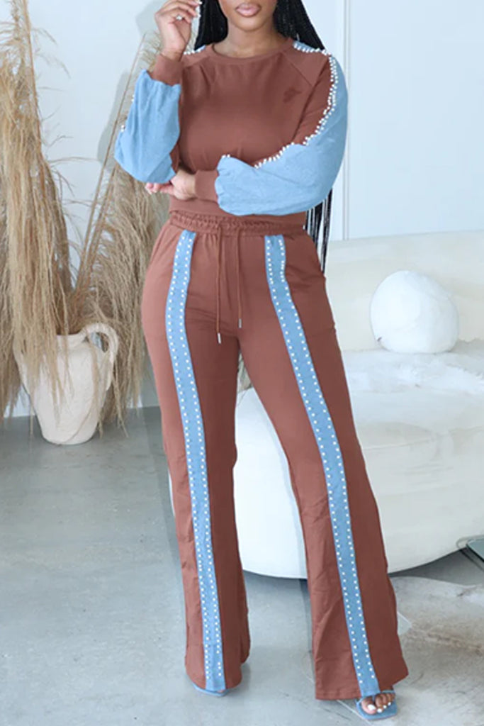 Casual Daily Patchwork Contrast O Neck Long Sleeve Two Pieces