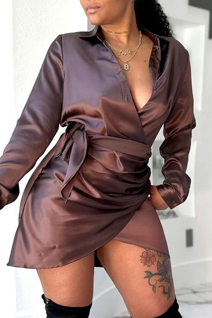 Casual Daily Solid Color Lace Up Ruched V Neck Long Sleeve Dresses