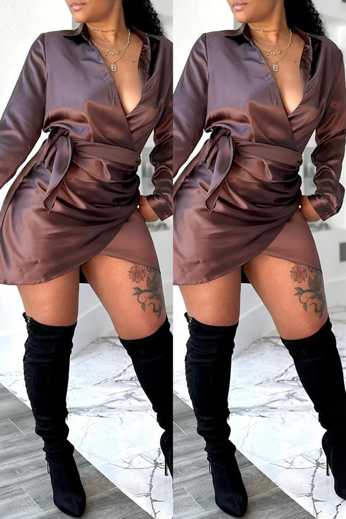 Casual Daily Solid Color Lace Up Ruched V Neck Long Sleeve Dresses