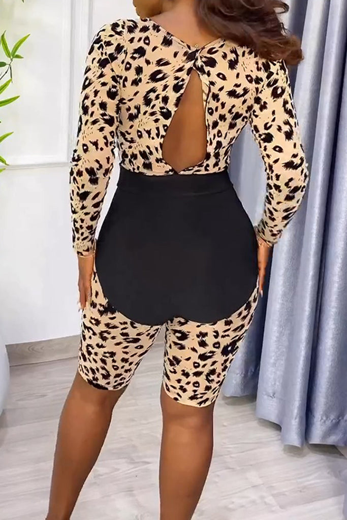 Casual Leopard Print Patchwork Backless O Neck Skinny Romper