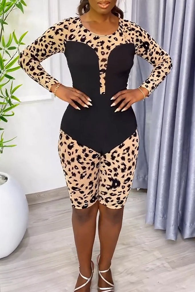 Casual Leopard Print Patchwork Backless O Neck Skinny Romper