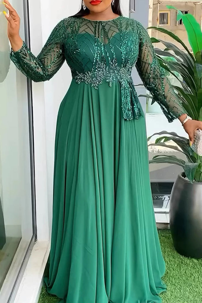 Elegant Solid Color Patchwork See-Through O Neck Long Plus Size Dresses