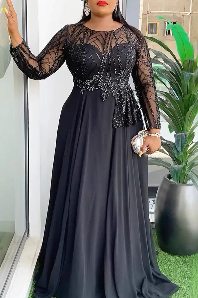 Elegant Solid Color Patchwork See-Through O Neck Long Plus Size Dresses