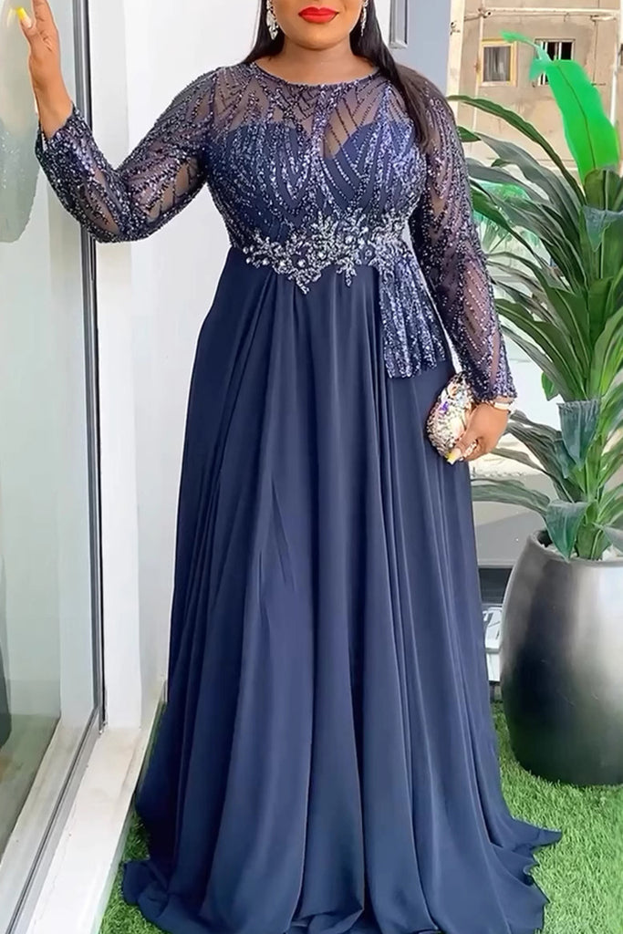 Elegant Solid Color Patchwork See-Through O Neck Long Plus Size Dresses