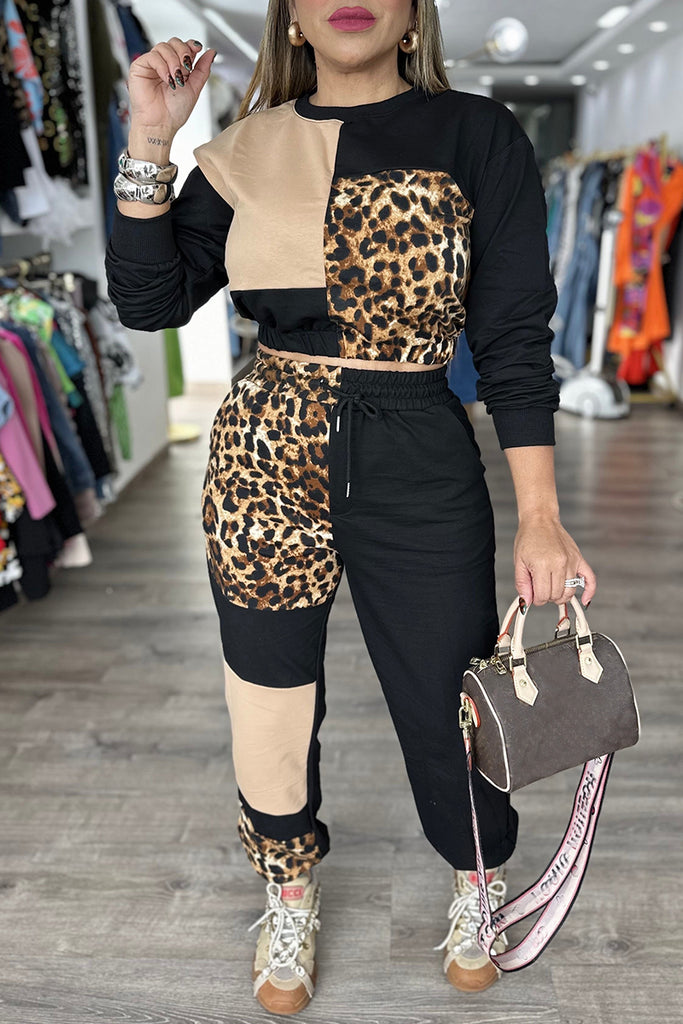 Casual Leopard Print Patchwork Contrast O Neck Long Sleeve Two Pieces