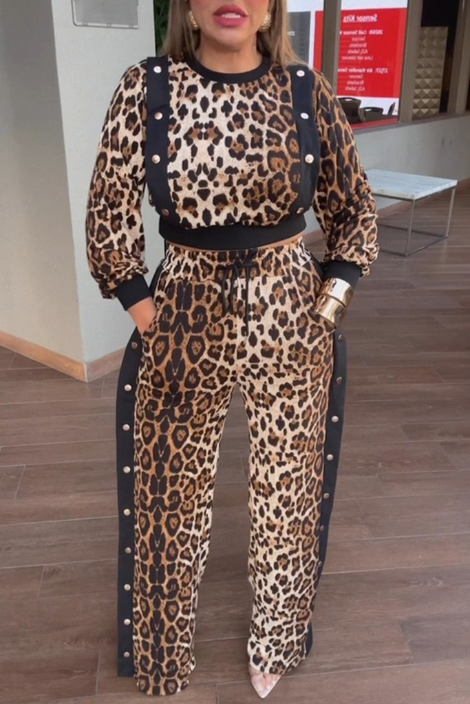 Casual Leopard Draw String Pocket O Neck Long Sleeve Two Pieces(Without Belt)(Without  Waist Chain)