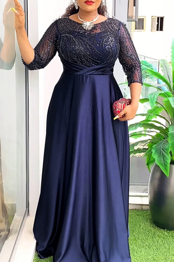 Elegant Solid Color Patchwork O Neck Long Plus Size Dresses