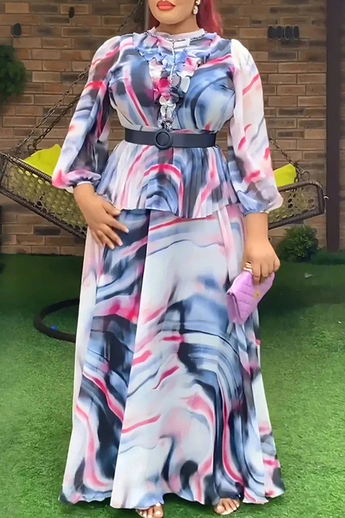 Elegant Print Patchwork With Belt O Neck Long Plus Size Dresses