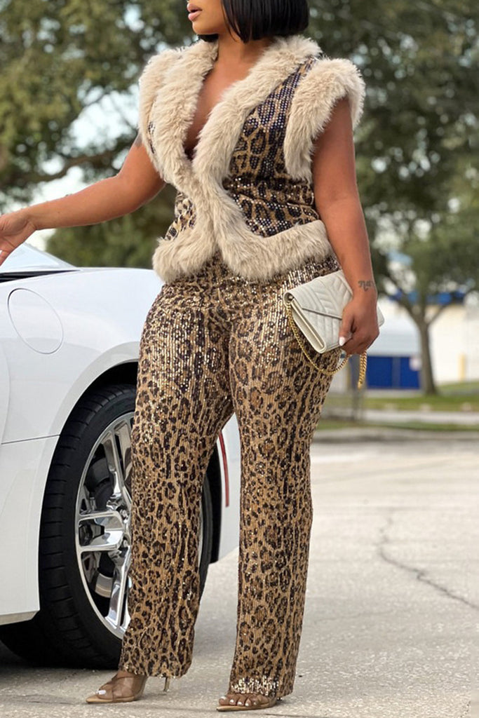 Casual Leopard Print Patchwork Fluffy Deep V Neck Two Pieces