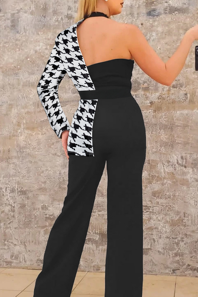 Casual Print Patchwork Backless Irregular Halter Regular Jumpsuits