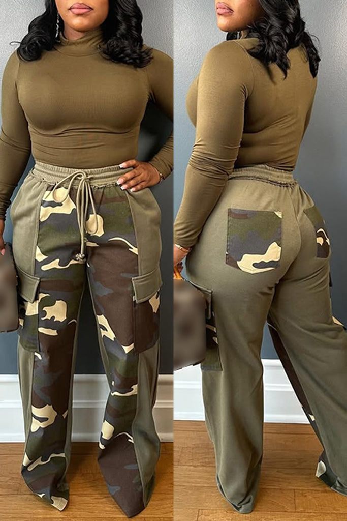 Casual Camouflage Print Pocket Patchwork Regular High Waist Straight Patchwork Trousers