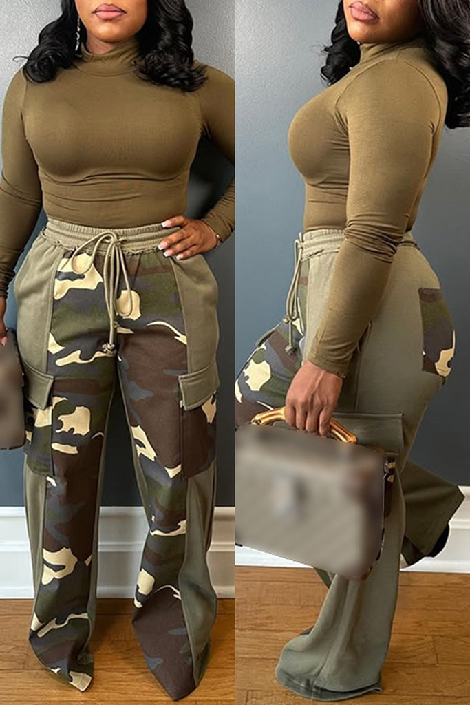 Casual Camouflage Print Pocket Patchwork Regular High Waist Straight Patchwork Trousers