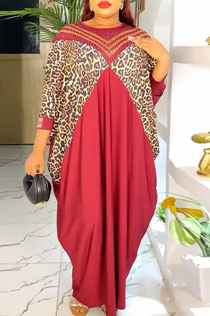 Daily Leopard Print Patchwork Hot Drill O Neck Long Dresses