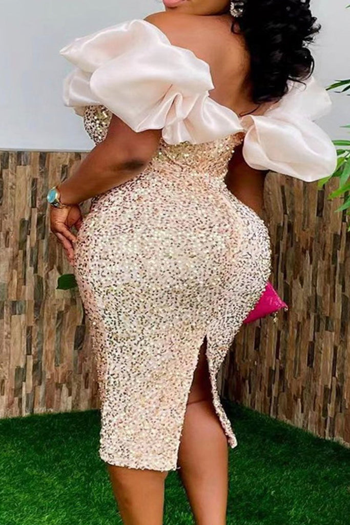 Elegant Sequins Patchwork Backless Slit Off Shoulder Wrapped Skirt Dresses