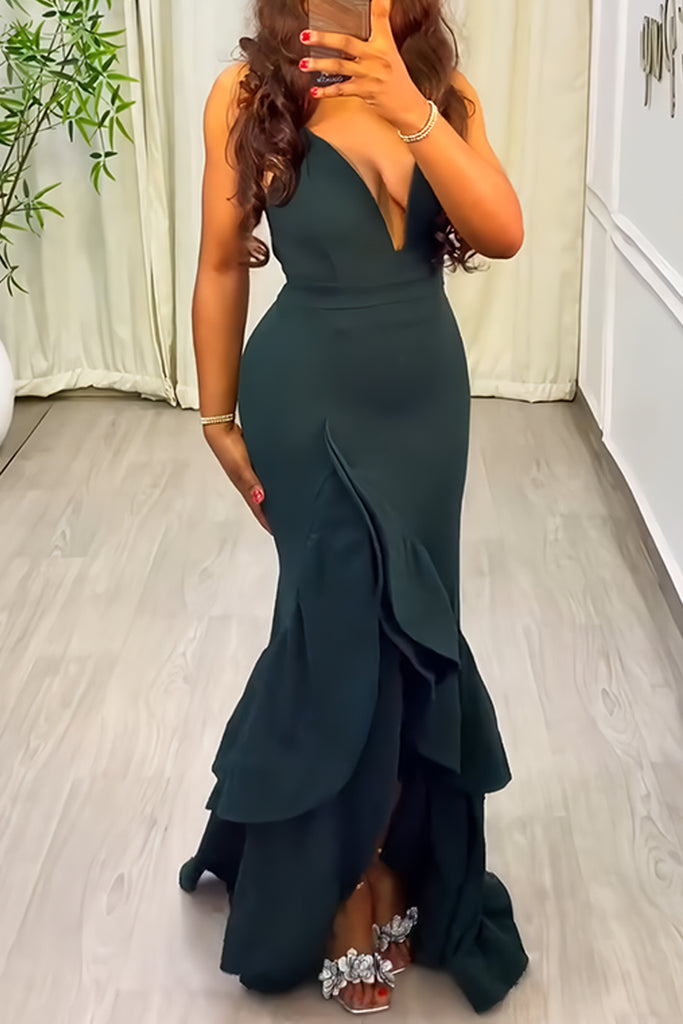 Sexy Party Formal Solid Color Backless Slit Deep V Neck Long Dresses