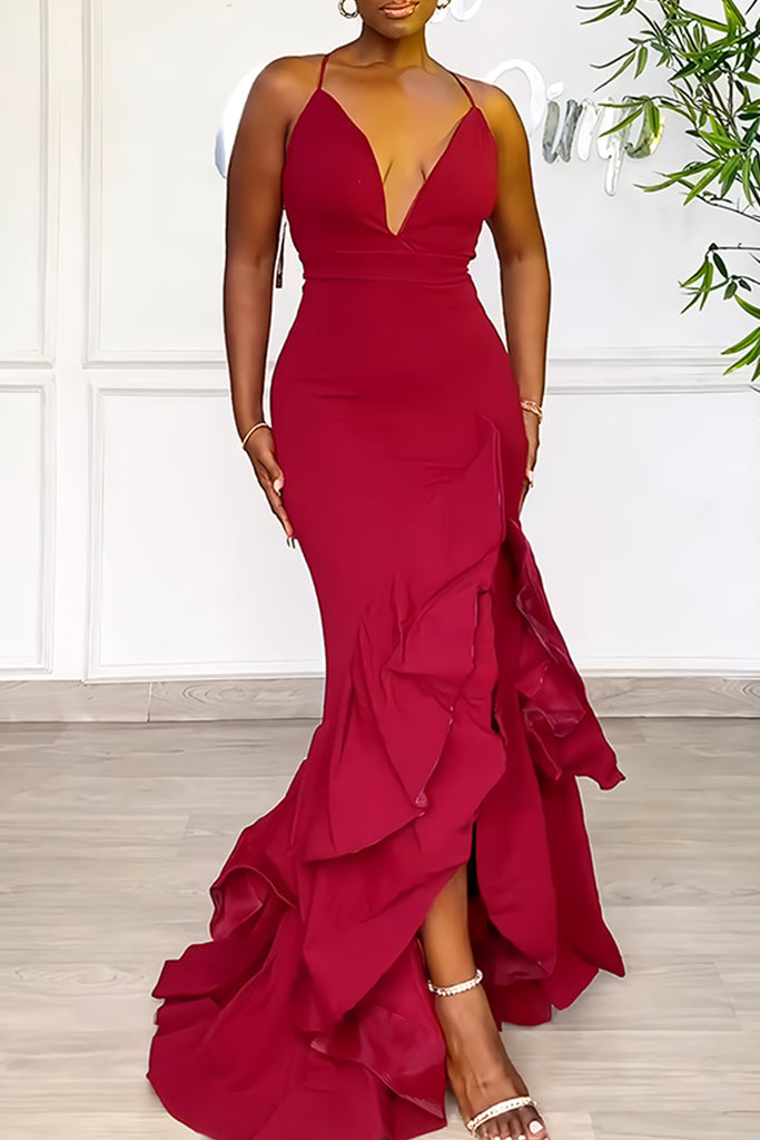 Sexy Party Formal Solid Color Backless Slit Deep V Neck Long Dresses