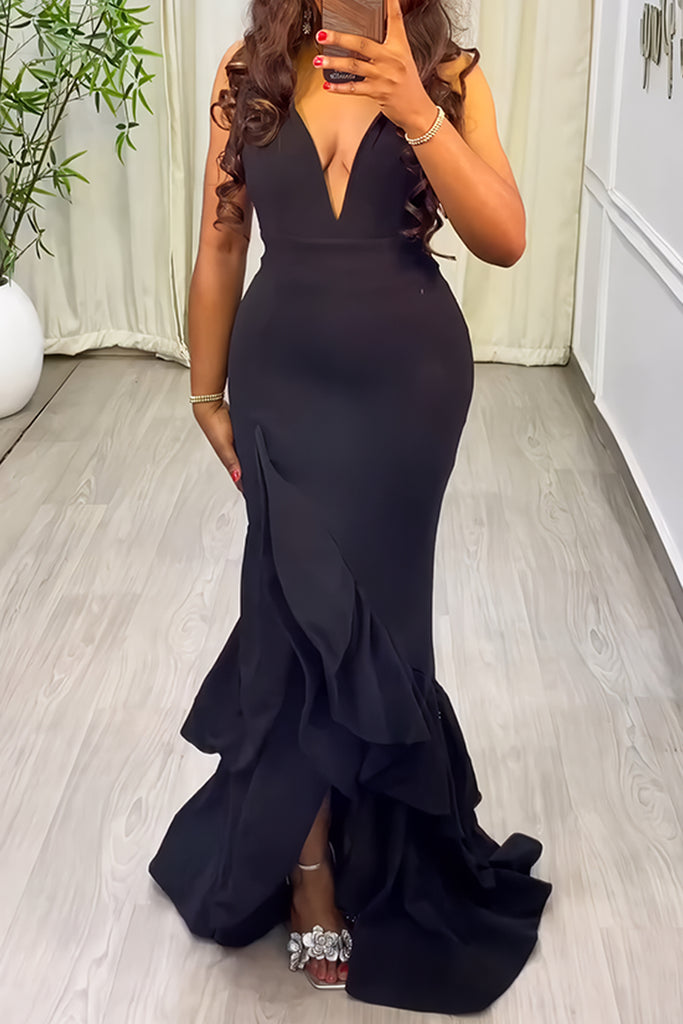 Sexy Party Formal Solid Color Backless Slit Deep V Neck Long Dresses