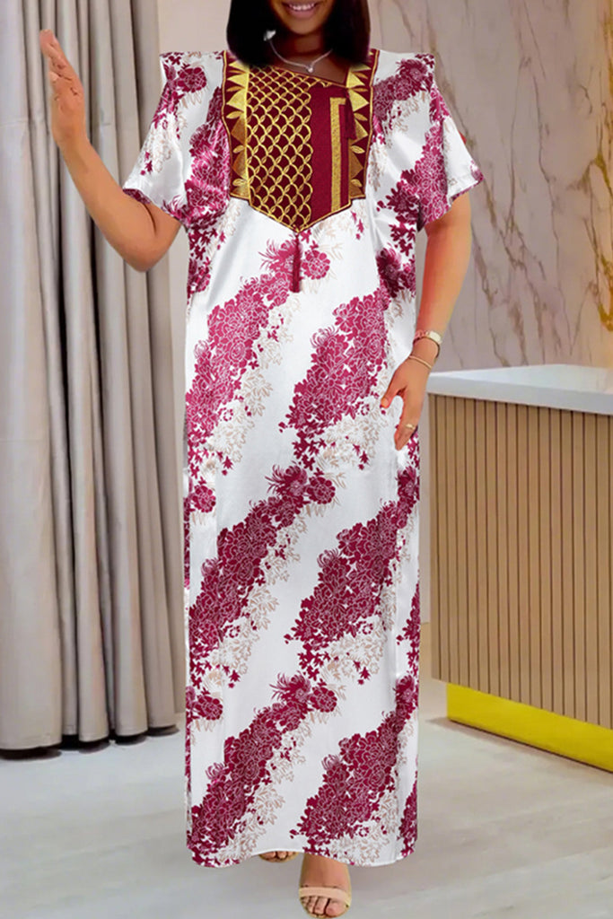 Elegant Print Fringed Trim Patchwork Embroidery Asymmetrical Collar Long Dresses