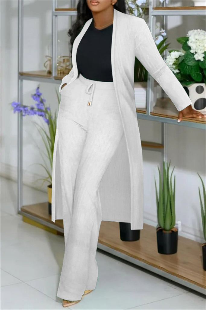 Casual Solid Color Cardigan Pants Long Sleeve Two Pieces