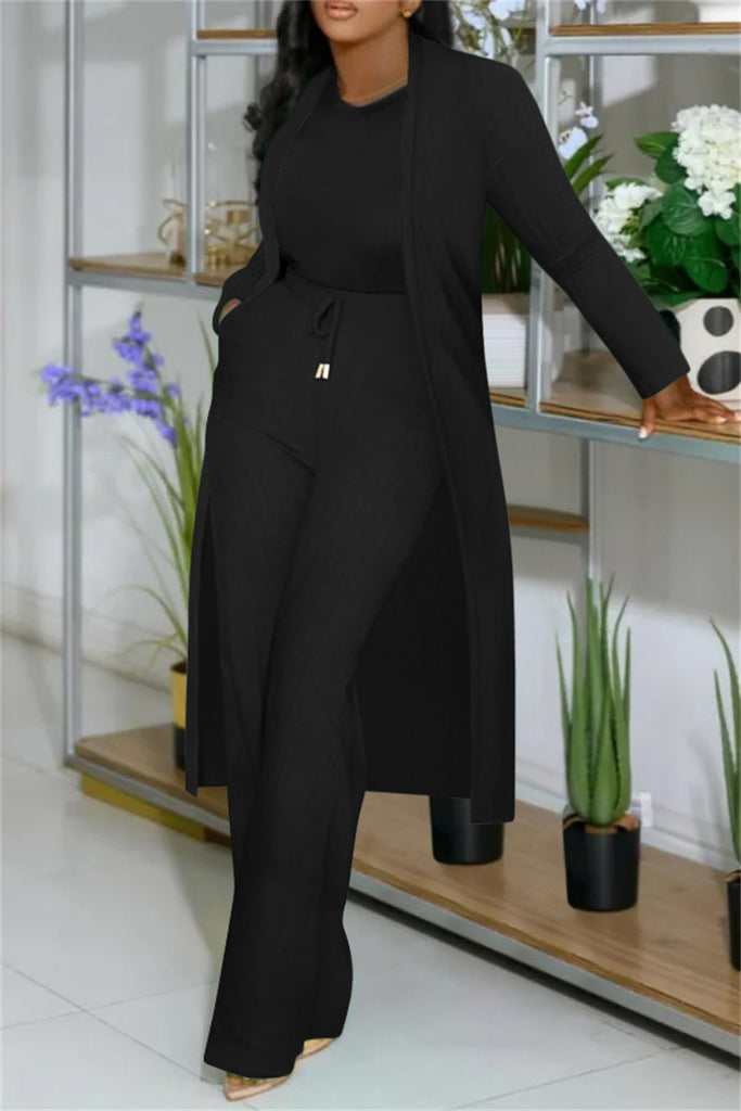 Casual Solid Color Cardigan Pants Long Sleeve Two Pieces