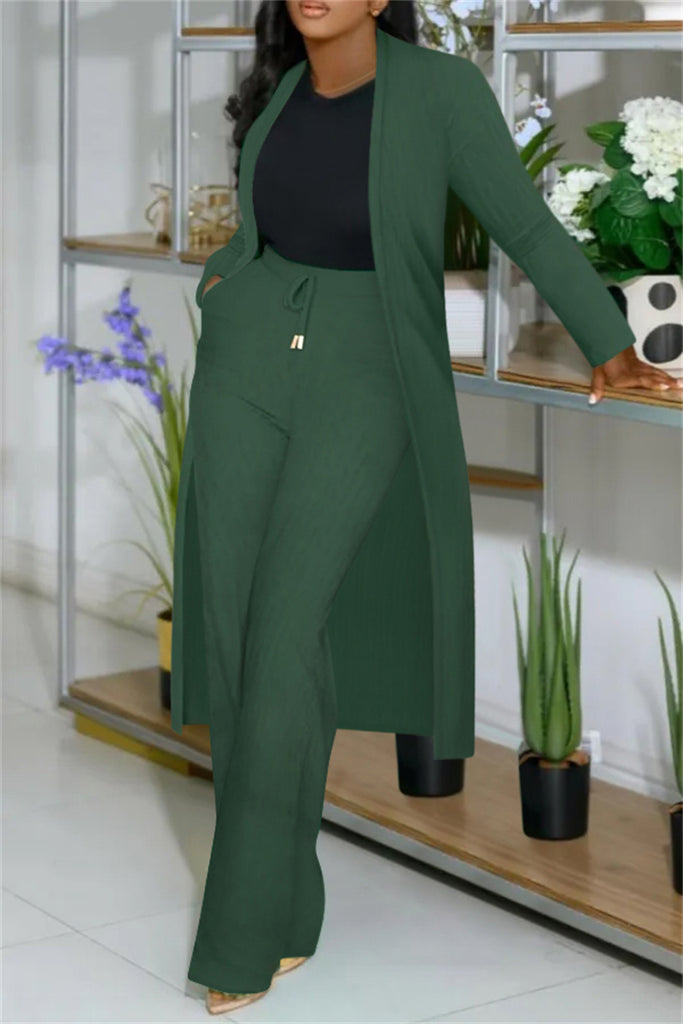 Casual Solid Color Cardigan Pants Long Sleeve Two Pieces