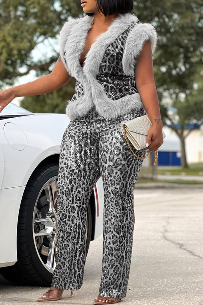 Casual Leopard Print Patchwork Fluffy Deep V Neck Two Pieces