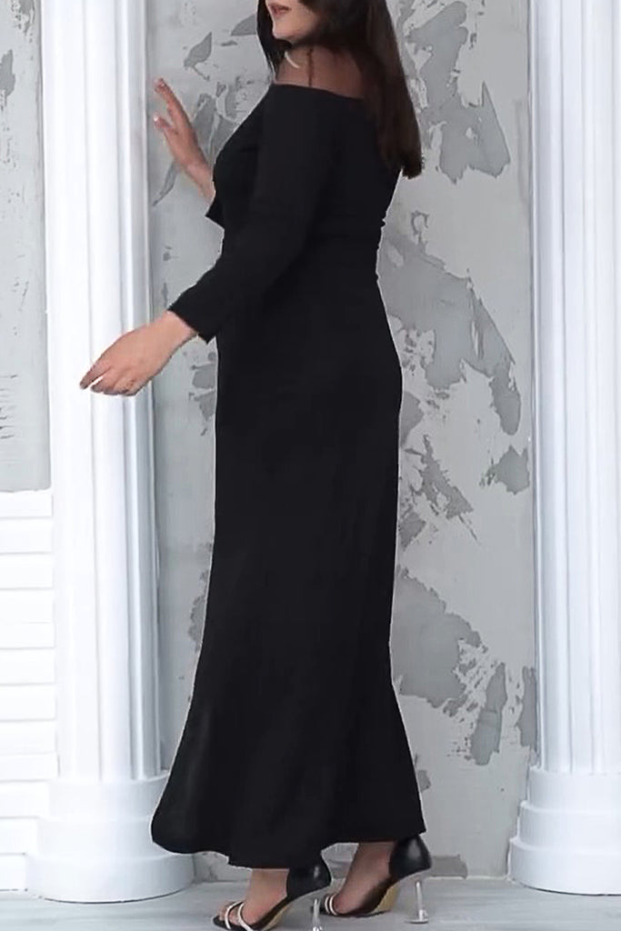 Elegant Solid Color Patchwork See-Through Slit O Neck Long Dresses