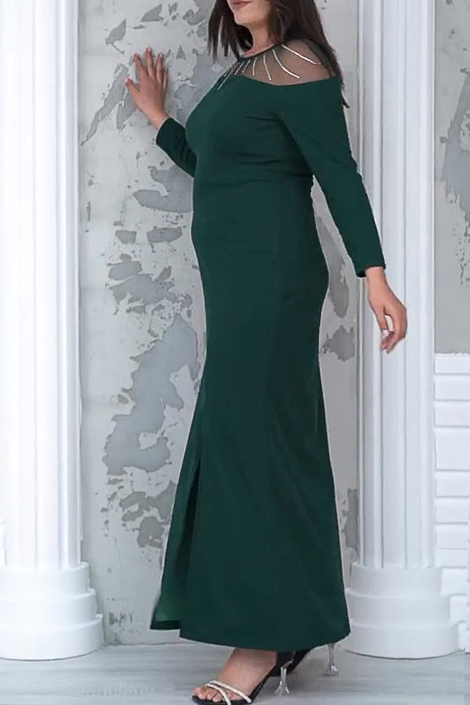 Elegant Solid Color Patchwork See-Through Slit O Neck Long Dresses