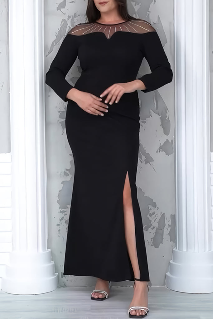 Elegant Solid Color Patchwork See-Through Slit O Neck Long Dresses