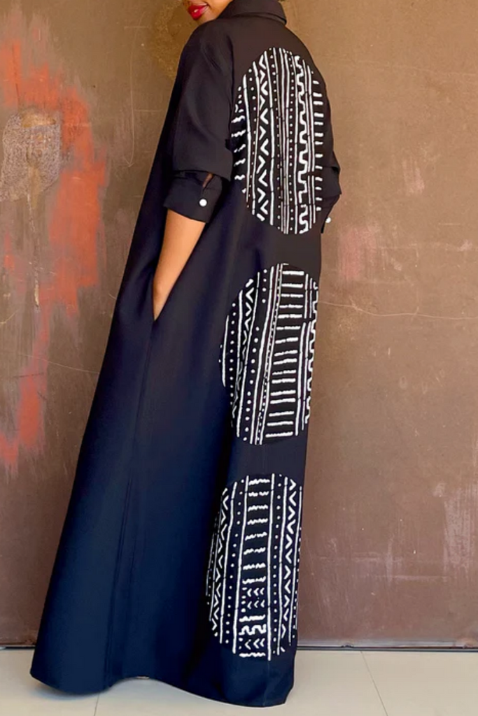 Casual Print Slit Zipper Turndown Collar Long Dresses