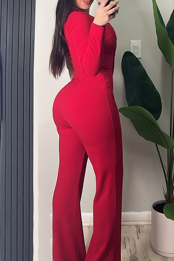 Casual Solid Color Backless One Shoulder Regular Jumpsuits