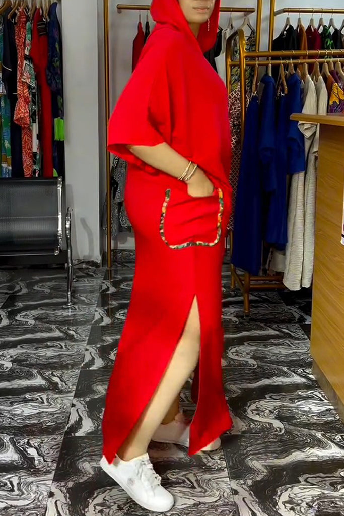 Casual Solid Color Slit Hooded Long Dresses