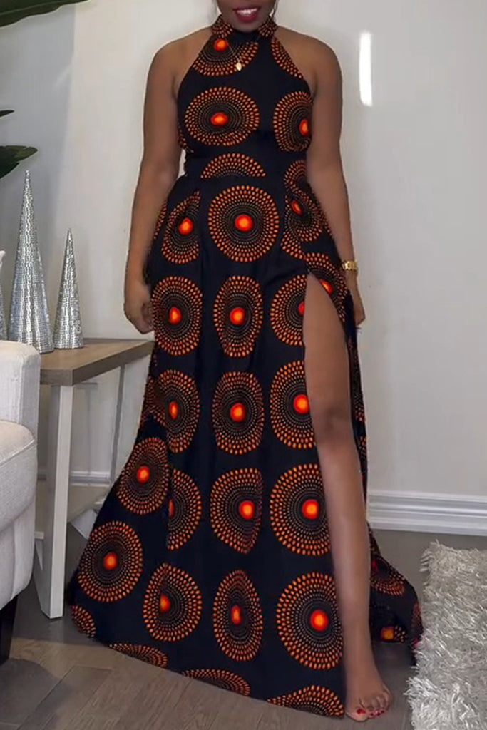 Casual Print Slit Half A Turtleneck Long Dresses