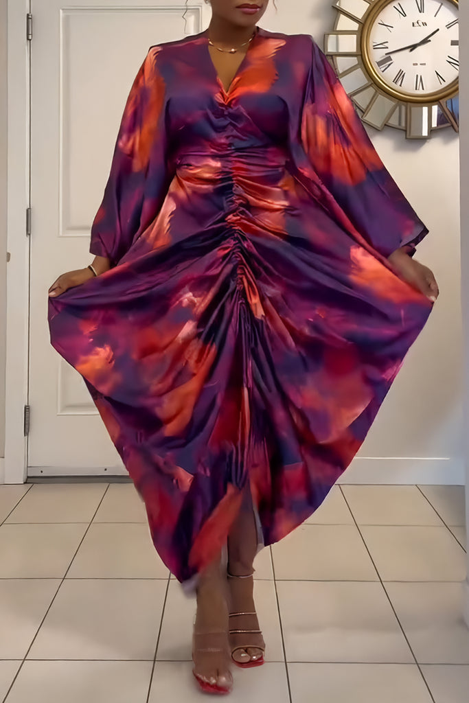 Casual Print Ruched V Neck Long Dresses