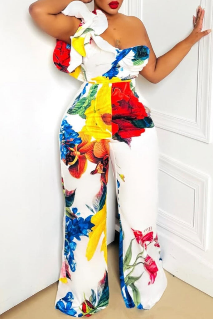 Sexy Casual Floral Print Backless One Shoulder Regular Jumpsuits