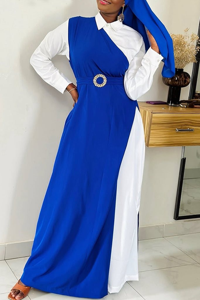 Casual Patchwork Buttons Contrast Turndown Collar Long Dresses (With Headscarf)