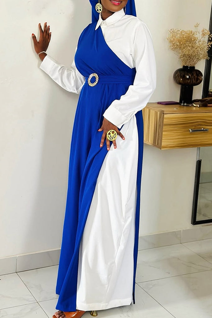 Casual Patchwork Buttons Contrast Turndown Collar Long Dresses (With Headscarf)