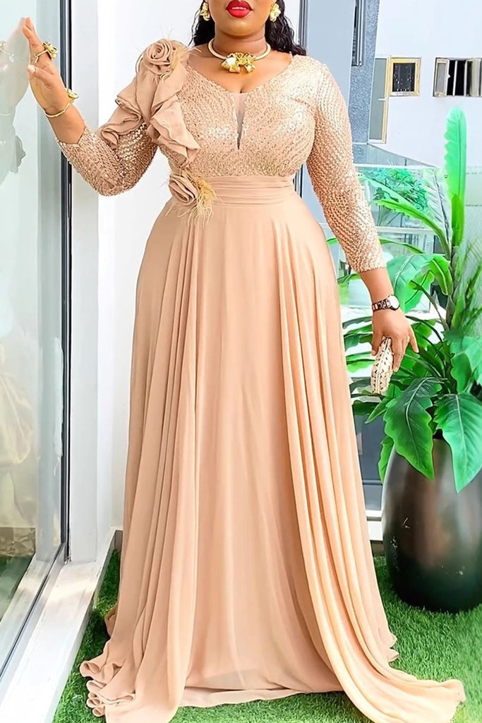 Elegant Solid Color Patchwork Ruched Flower Shape V Neck Long Plus Size Dresses