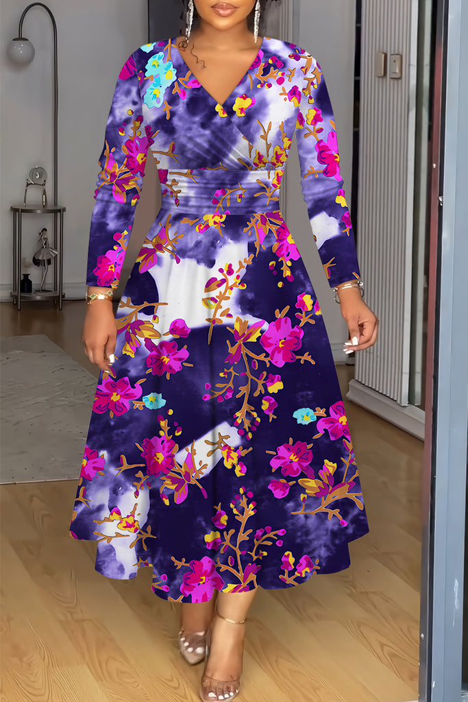 Casual Floral Print Basic V Neck Long Sleeve Dresses