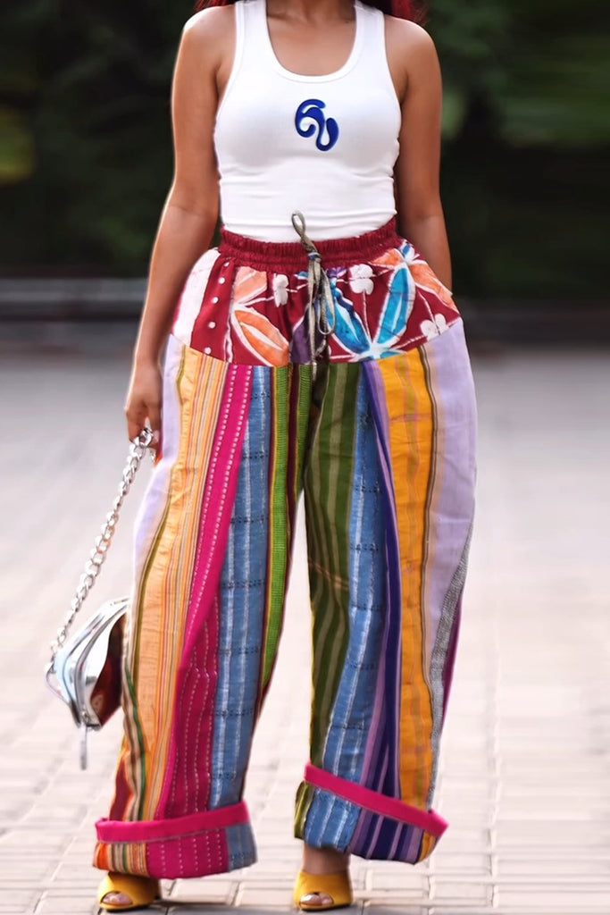 Casual Print Patchwork Regular High Waist Wide Leg Patchwork Trousers