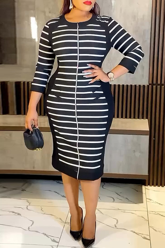 Casual Striped Print Patchwork Zipper O Neck Dresses