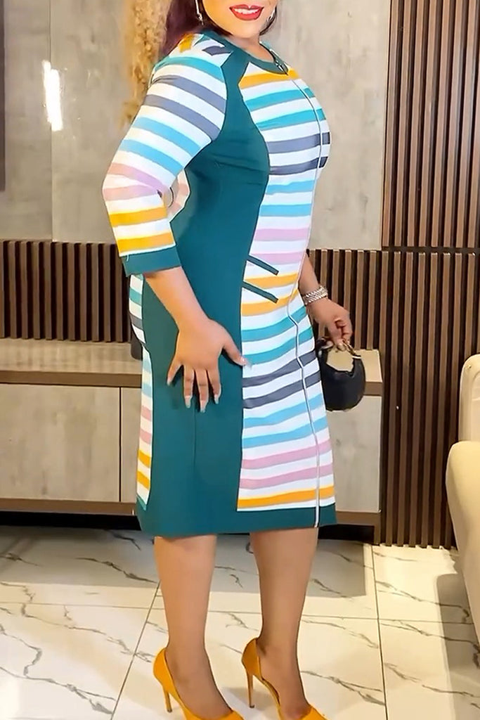 Casual Striped Print Patchwork Zipper O Neck Dresses