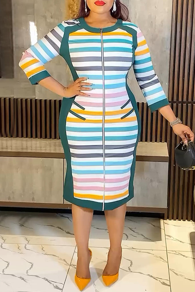 Casual Striped Print Patchwork Zipper O Neck Dresses