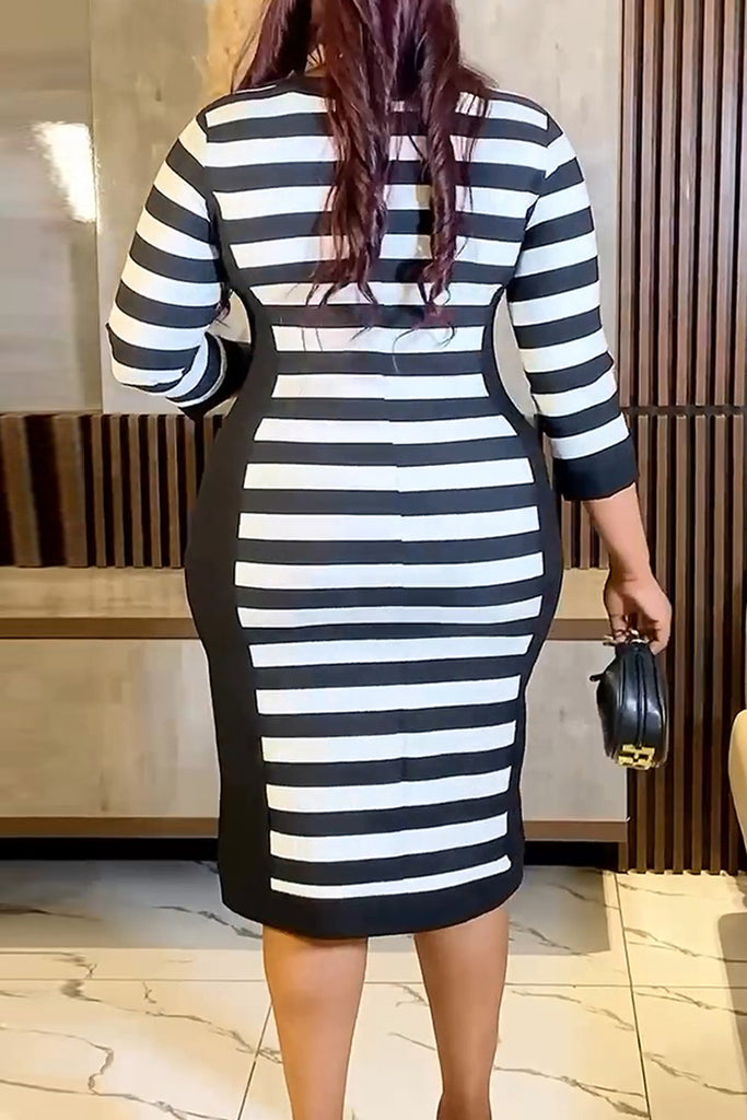 Casual Striped Print Patchwork Zipper O Neck Dresses