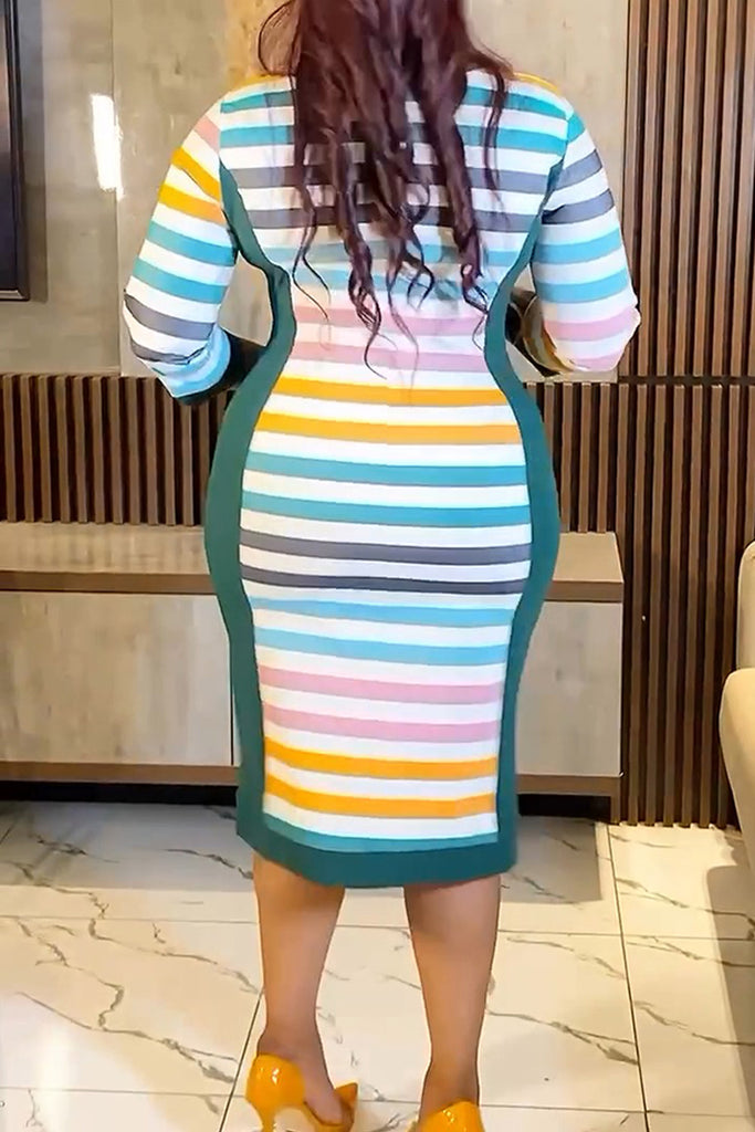 Casual Striped Print Patchwork Zipper O Neck Dresses