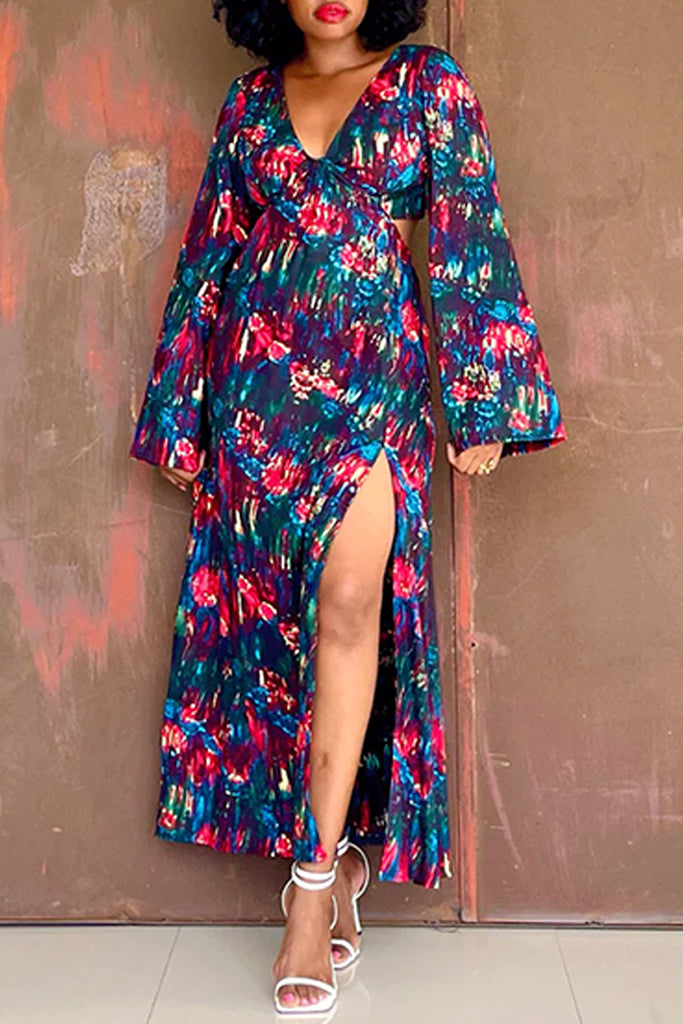 Casual Print Backless Slit Belted V Neck Long Dresses