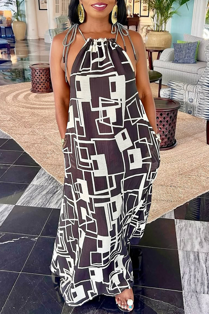 Casual Geometric Print Pocket Strap Design Spaghetti Strap Long Dresses