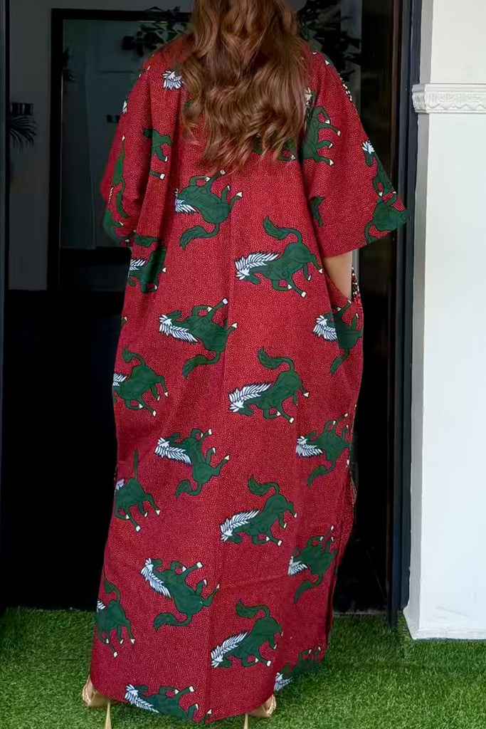 Casual Print Slit Contrast V Neck Long Dresses